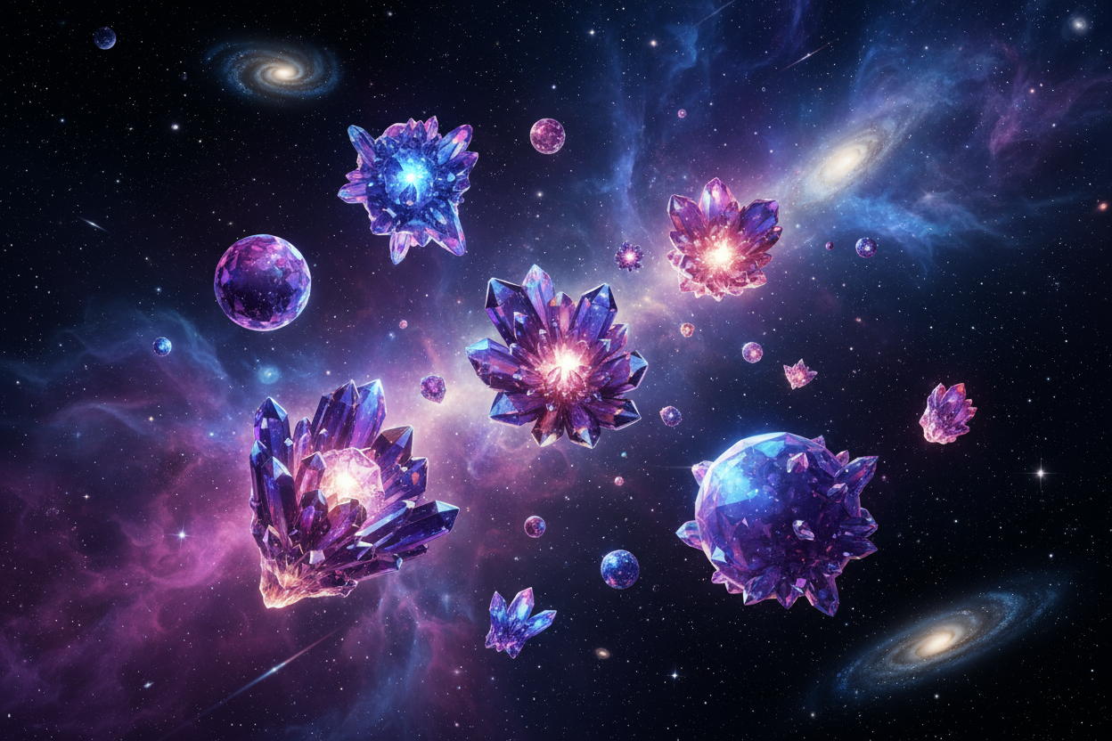 magical crystals floating in space